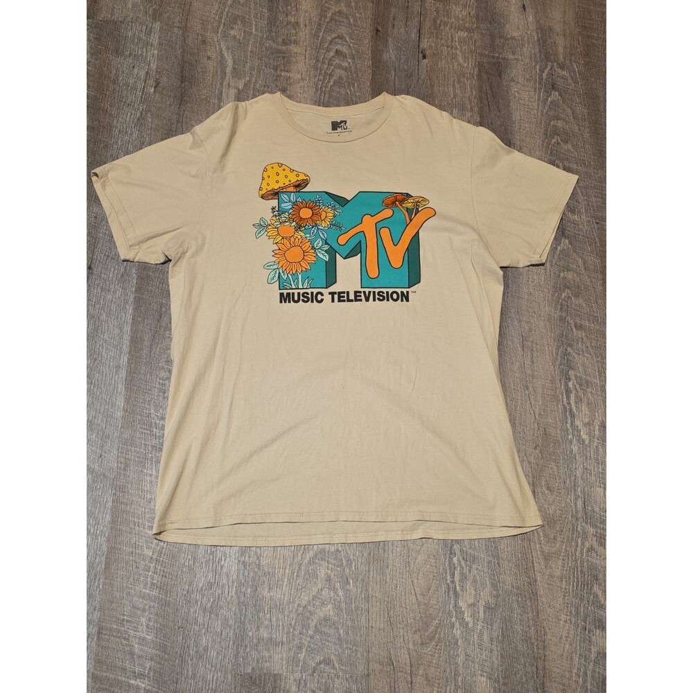 MTV Music Television Beige Graphic Logo Cotton Short Sleeve T-Shirt Large LG L
